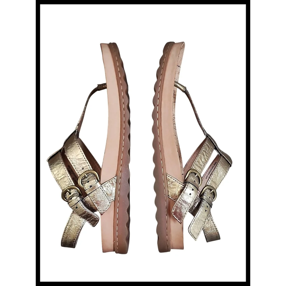 BORN Reta Leather Comfort T-strap Thong Sandals Double Buckle Gold Foil 8 - Picture 7 of 13